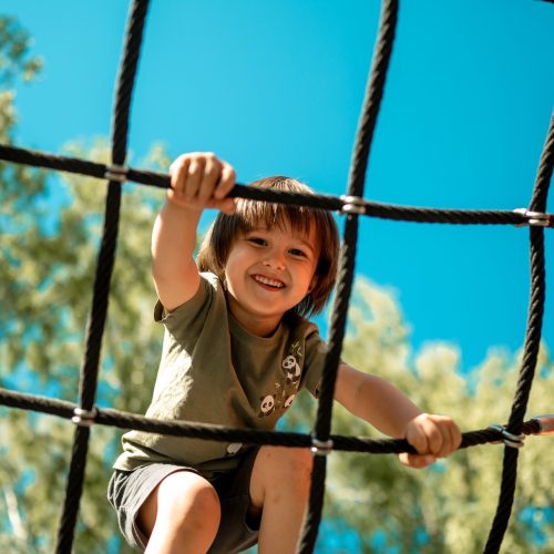 A,Child,Climbs,Up,An,Alpine,Grid,In,A,Park A child climbs up an alpine grid in a park on a playground on a hot summer day. children's playground in a public park, entertainment and recreation for children, mountaineering training.